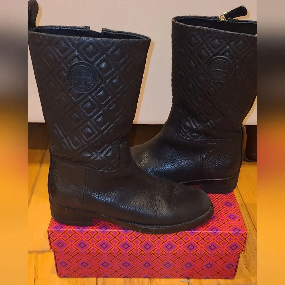 Tory Burch Designer Marion Black Leather Quilted Riding Boots 7